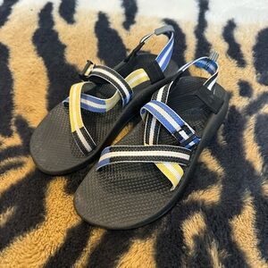 Chaco Strappy Black, Blue, and Yellow Sandals